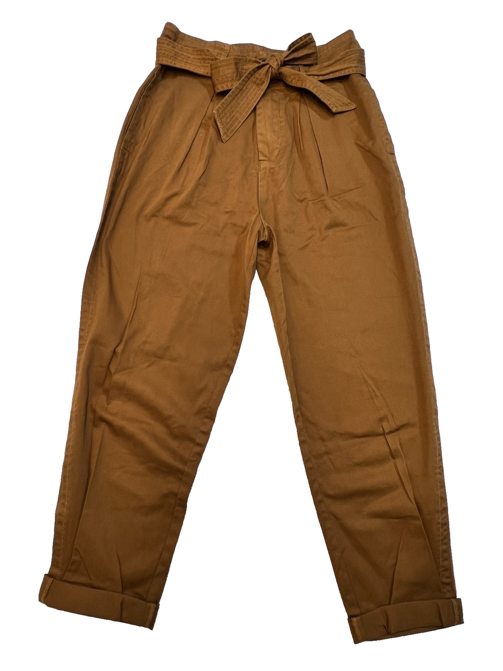Free People Pants Khaki Trousers Bow Belt Cuffed Pockets Caramel Brown, Sz 2
